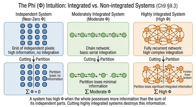 The Phi (Φ) Intuition: Integrated vs Non-integrated Systems. Left: a grid of independent pixels has 