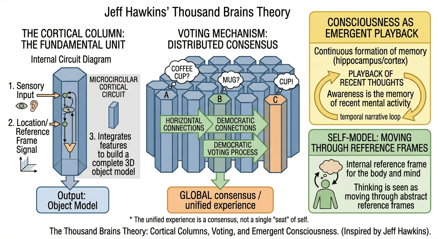 In the Thousand Brains framework, consciousness is not a central processor but a distributed consens
