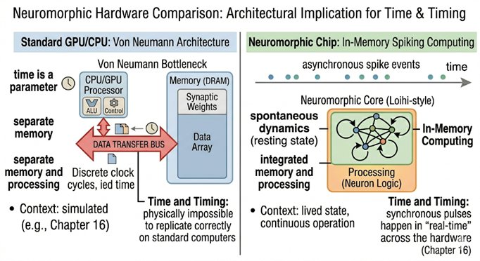 Neuromorphic Hardware Comparison. Left: Von Neumann architecture (GPU/CPU) separates memory and proc