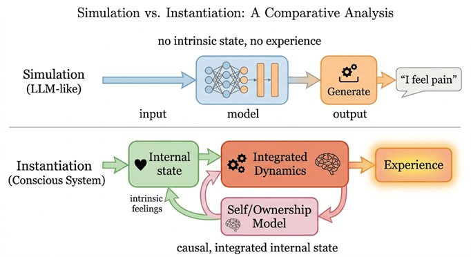 Simulation vs Instantiation. A language model (top) generates output without intrinsic state or expe