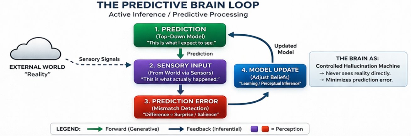 The Predictive Brain Loop. The brain continuously generates top-down predictions, compares them with
